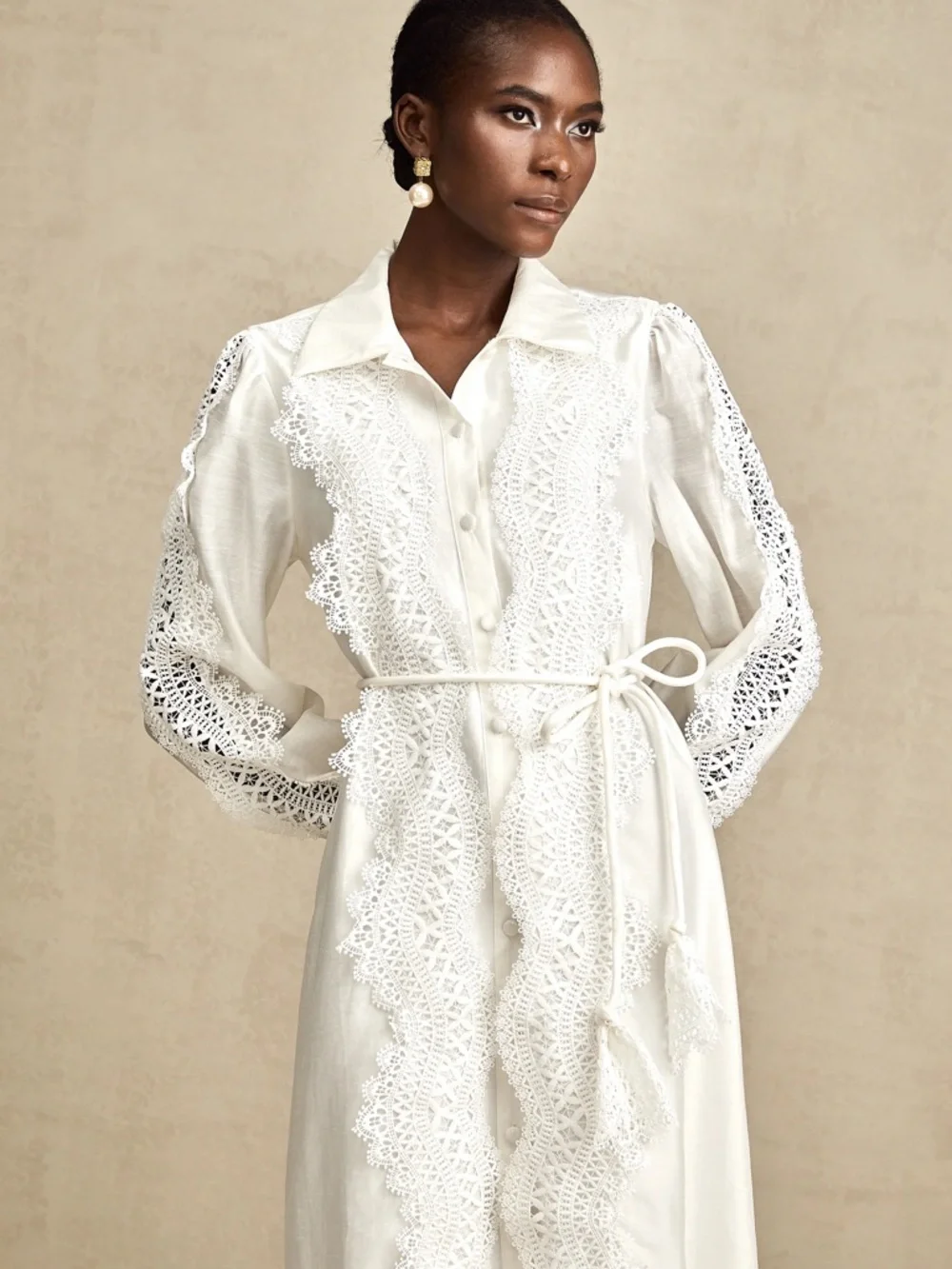 White Lace-Trim Long Button-Down Dress - Picture 4 of 10